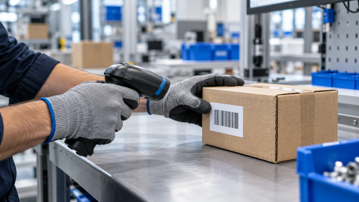 A worker scans an identification label at a manufacturing workbench